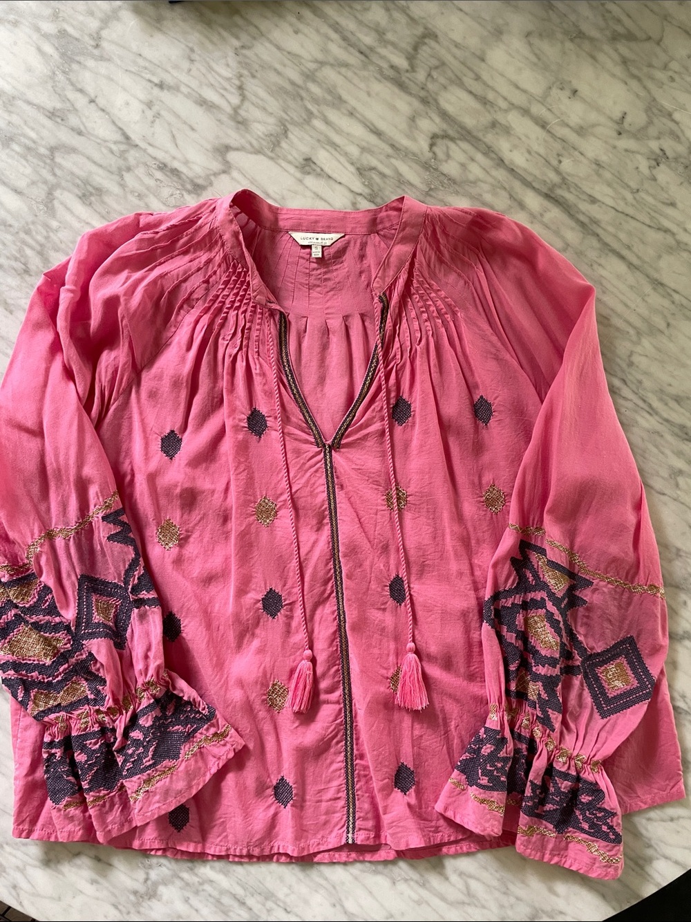 Lucky Brand Hot Pink Embroidered Tassel Peasant Tunic